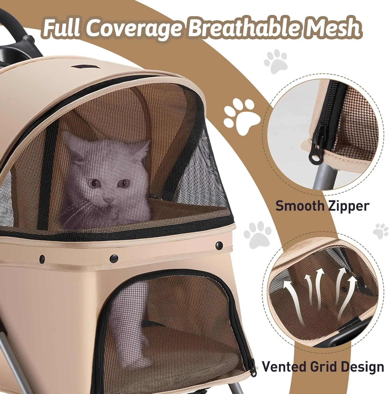 Pet Stroller, 4 Wheels Pet Strolling Cart for Medium/Small Dogs and Cats, Foldable Cat Jogger/Dog Stroller with Cup Holder, Storage Basket, Breathable Mesh, All-Season Pet Carrier, Khaki