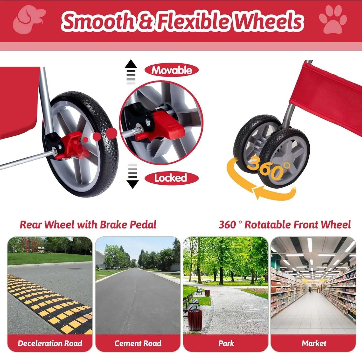 Pet Stroller, 4 Wheels Pet Strolling Cart for Medium/Small Dogs and Cats, Foldable Cat Jogger/Dog Stroller with Cup Holder, Storage Basket, Breathable Mesh, All-Season Pet Carrier, Red