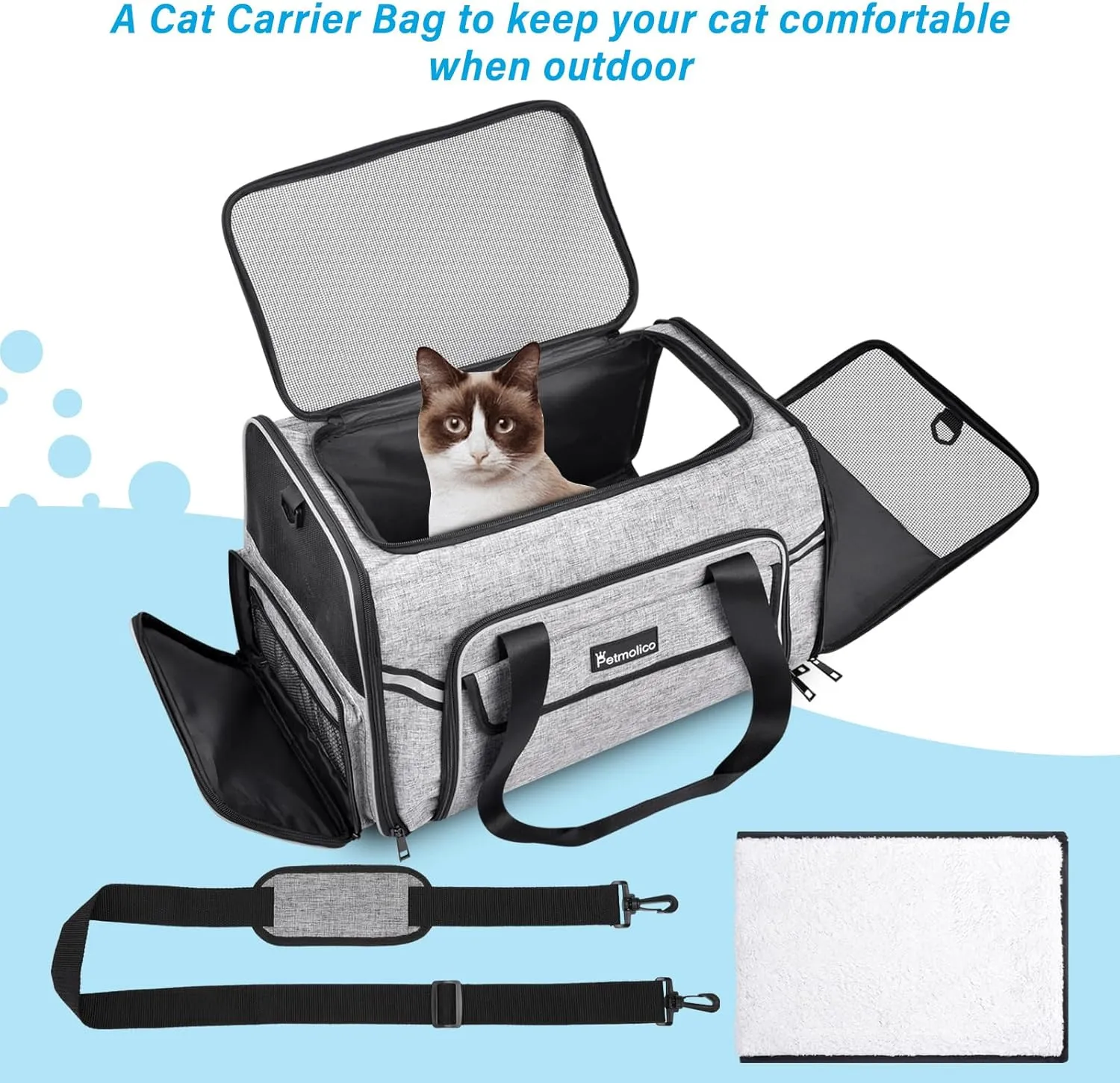 Petmolico Cat Carrier Soft-Sided Pet Bag for Small Medium Cats Puppies 16LBs - Airline Approved Pet Travel Carrier 3 Open Doors (Medium,Grey-X862)