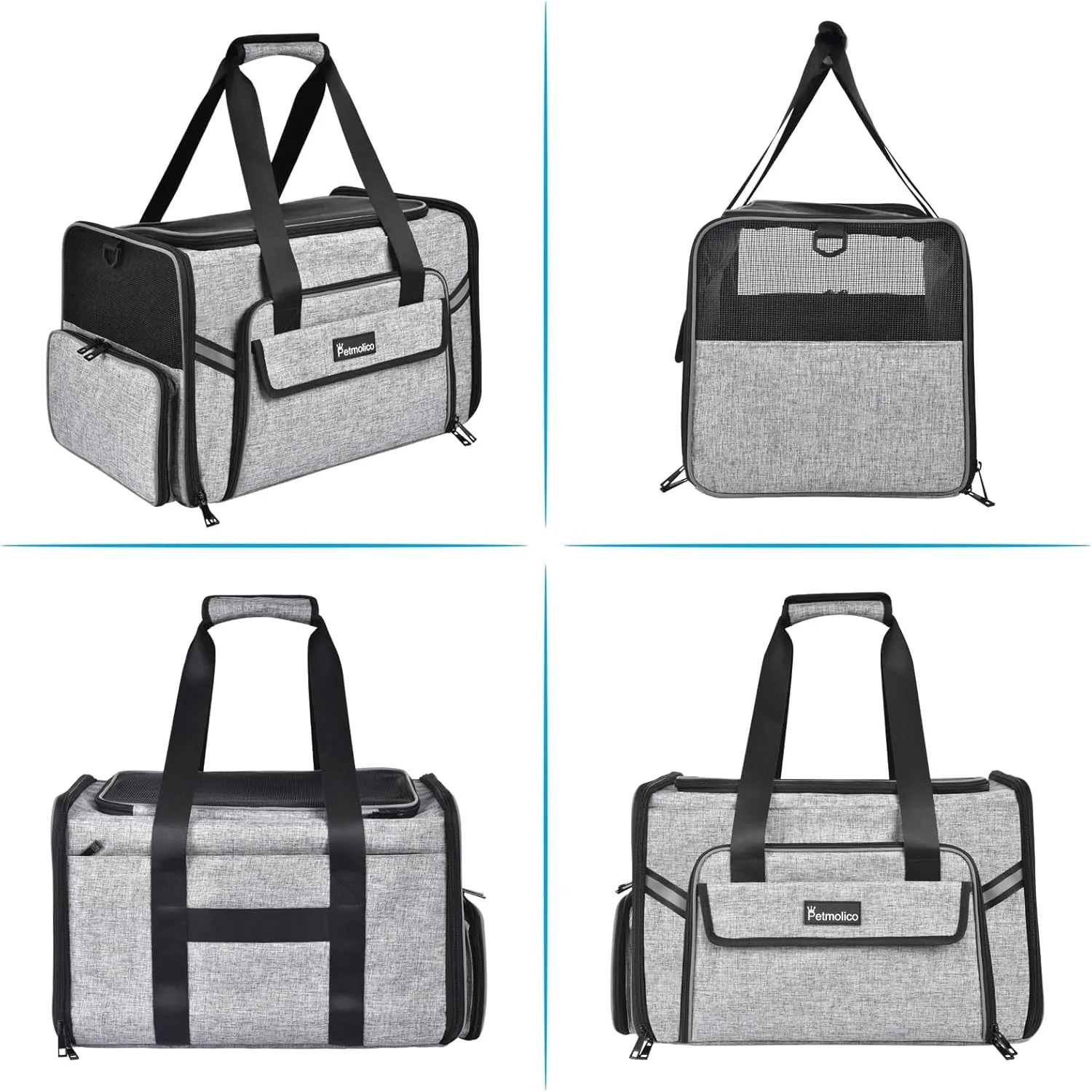 Petmolico Cat Carrier Soft-Sided Pet Bag for Small Medium Cats Puppies 16LBs - Airline Approved Pet Travel Carrier 3 Open Doors (Medium,Grey-X862)