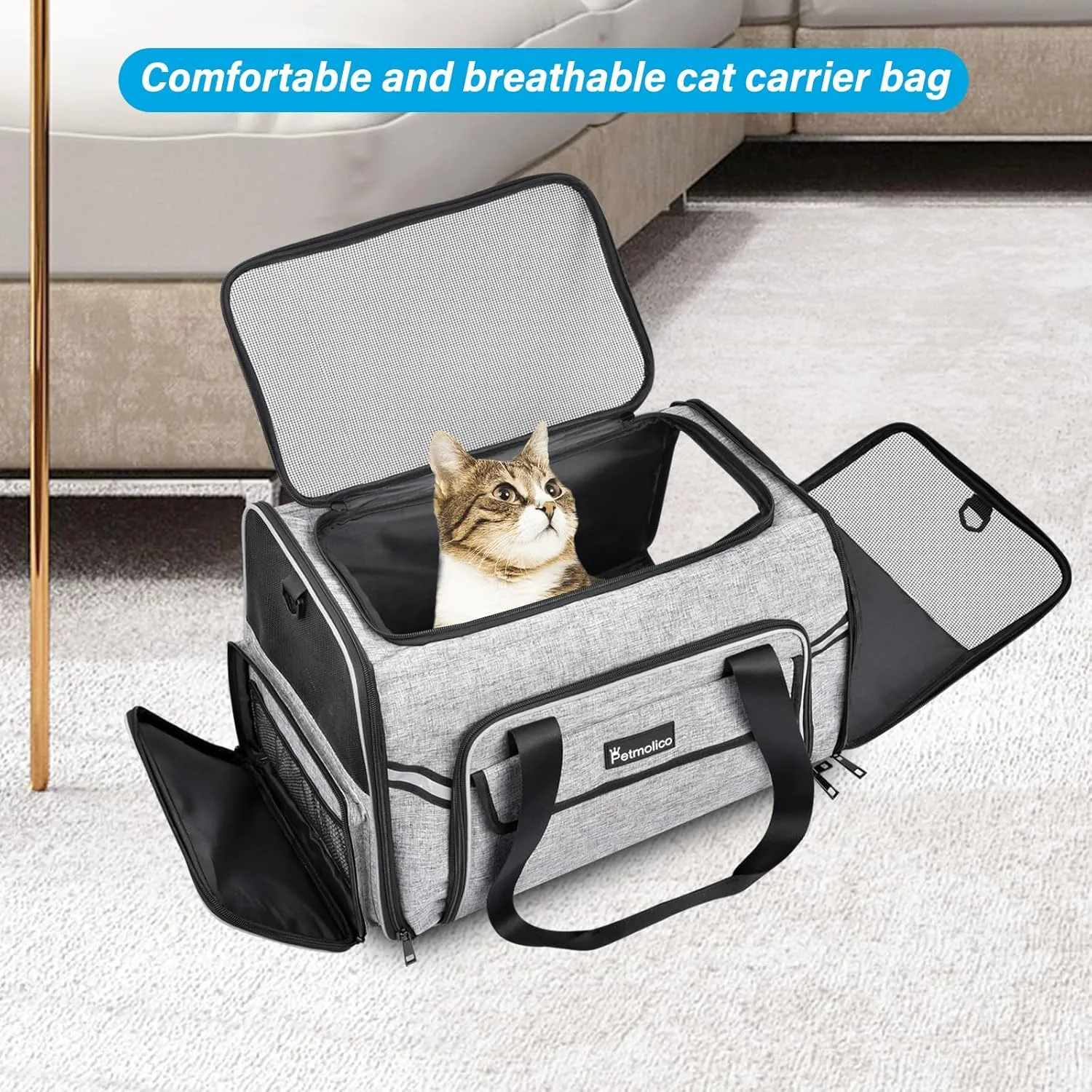 Petmolico Cat Carrier Soft-Sided Pet Bag for Small Medium Cats Puppies 16LBs - Airline Approved Pet Travel Carrier 3 Open Doors (Medium,Grey-X862)