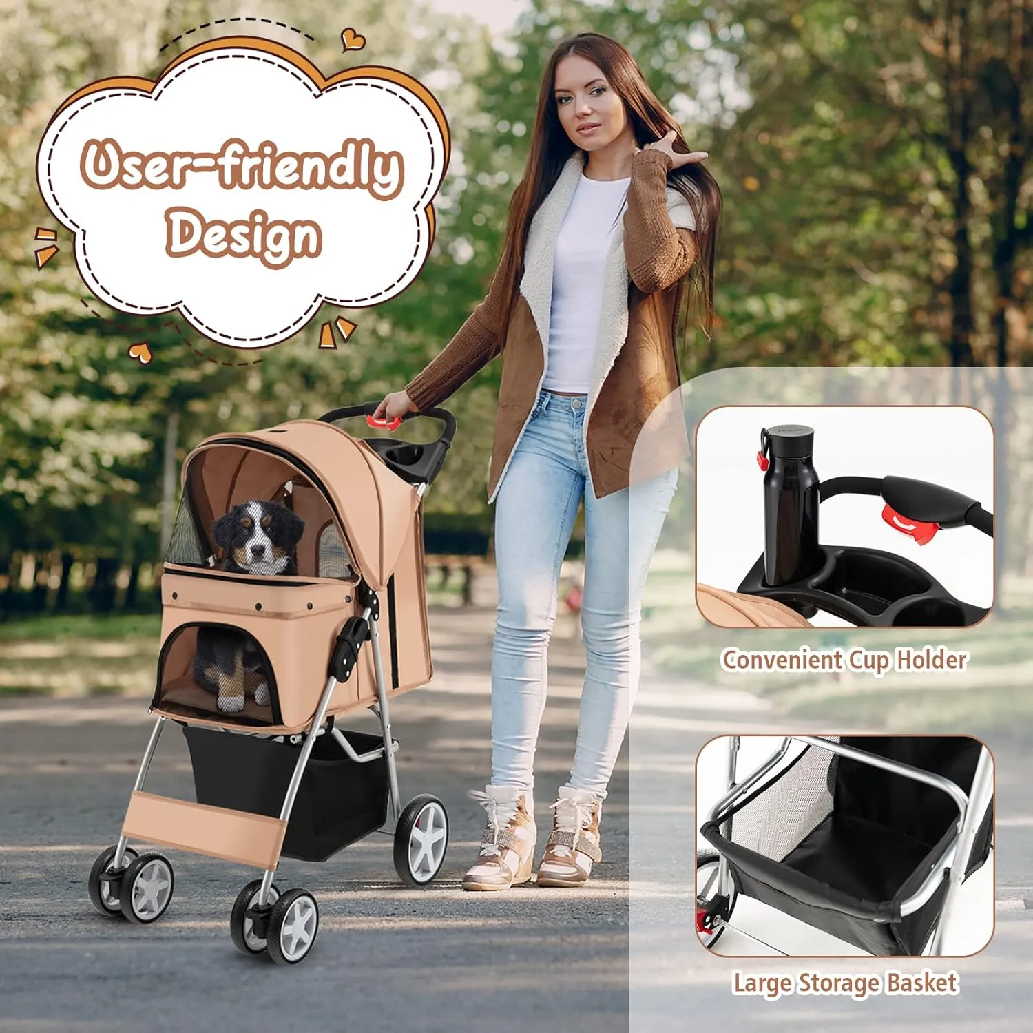 PETSITE Folding Dog Stroller, Pet Stroller for Small Medium Dogs & Cats, Pet Travel Carrier with 4 Lockable Wheels, Cup Holder, Removable Liner and Storage Basket