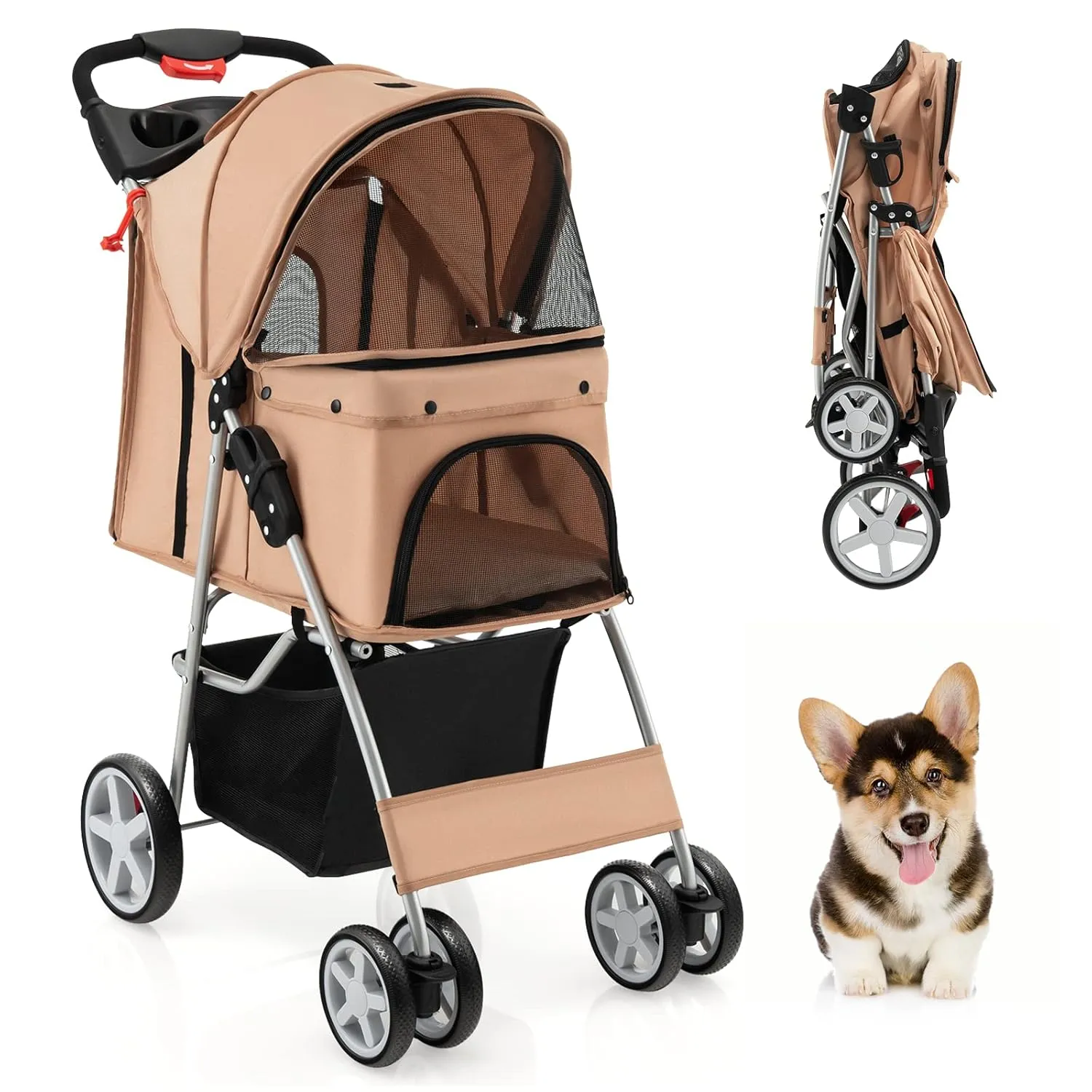 PETSITE Folding Dog Stroller, Pet Stroller for Small Medium Dogs & Cats, Pet Travel Carrier with 4 Lockable Wheels, Cup Holder, Removable Liner and Storage Basket