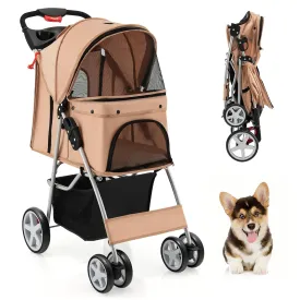 PETSITE Folding Dog Stroller, Pet Stroller for Small Medium Dogs & Cats, Pet Travel Carrier with 4 Lockable Wheels, Cup Holder, Removable Liner and Storage Basket