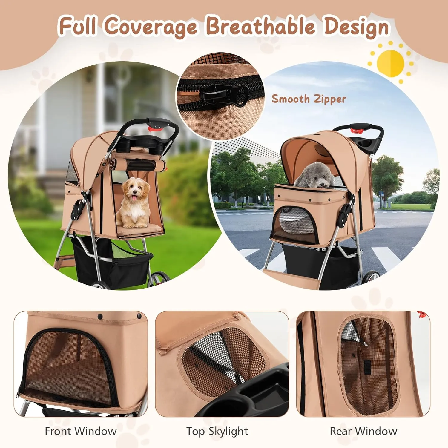 PETSITE Folding Dog Stroller, Pet Stroller for Small Medium Dogs & Cats, Pet Travel Carrier with 4 Lockable Wheels, Cup Holder, Removable Liner and Storage Basket