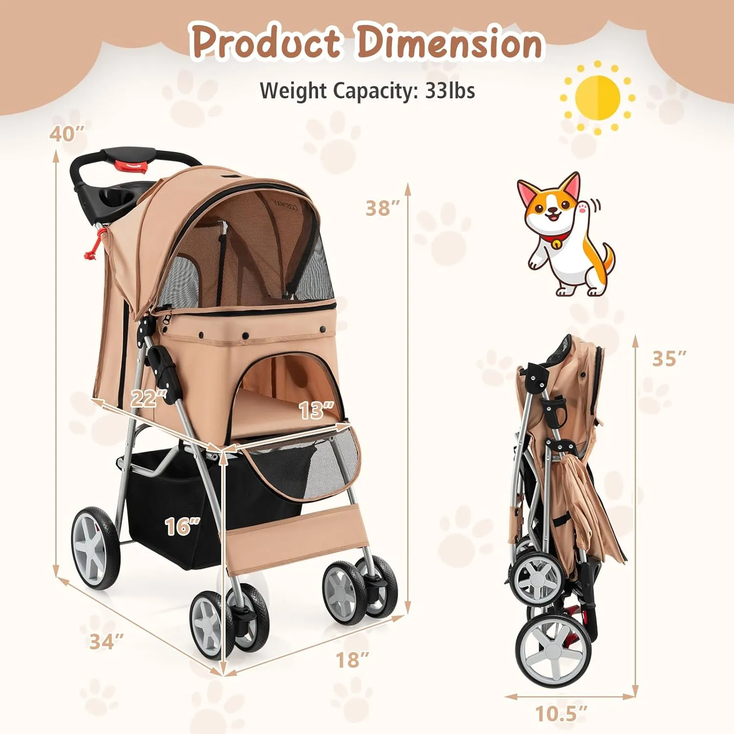 PETSITE Folding Dog Stroller, Pet Stroller for Small Medium Dogs & Cats, Pet Travel Carrier with 4 Lockable Wheels, Cup Holder, Removable Liner and Storage Basket