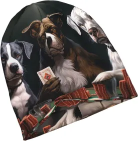Playing Poker Dogs Beanie Hat for Women Knit Hat Warm Winter Hats for Men Beanies Skull Cap Slouchy Pullover Hat Black
