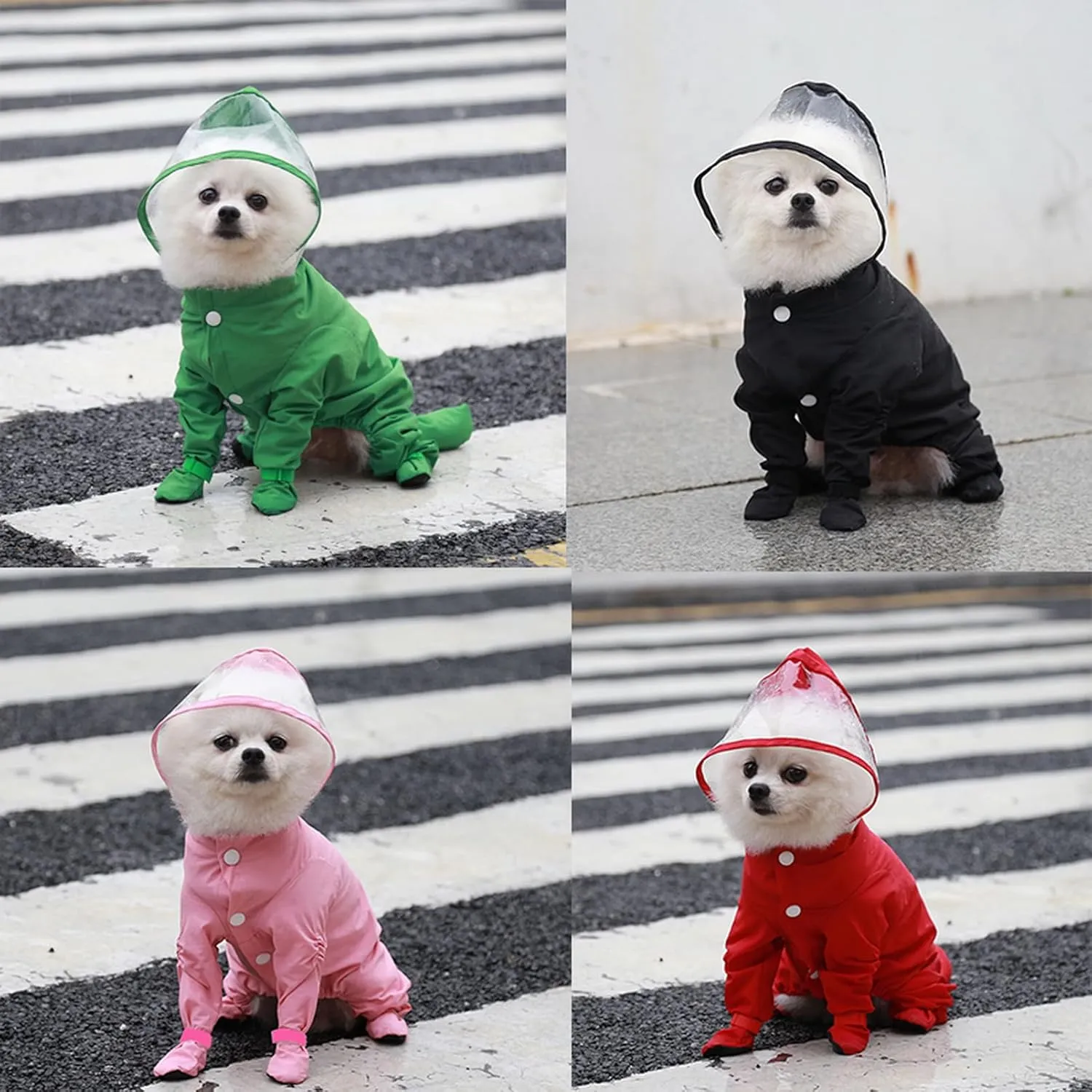 SMALLLEE_LUCKY_STORE Cute Raincoat for Small Dogs with Hood and Boots Detachable Tail Puppy Botton Down Rain Jacket Full Boby 4 Leg Jumpsuit Waterproof Lightweight Clothes,Black,M