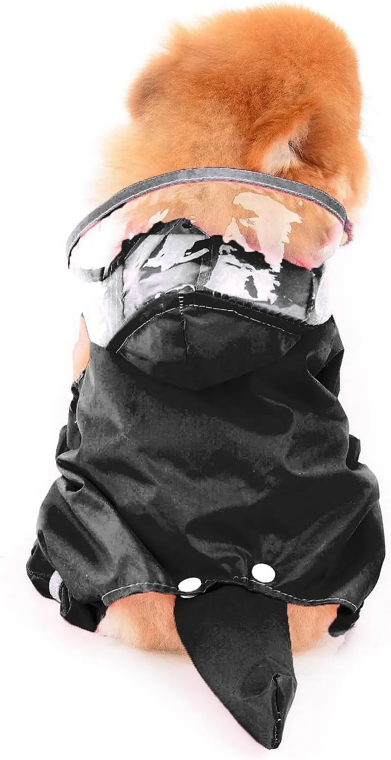 SMALLLEE_LUCKY_STORE Cute Raincoat for Small Dogs with Hood and Boots Detachable Tail Puppy Botton Down Rain Jacket Full Boby 4 Leg Jumpsuit Waterproof Lightweight Clothes,Black,M