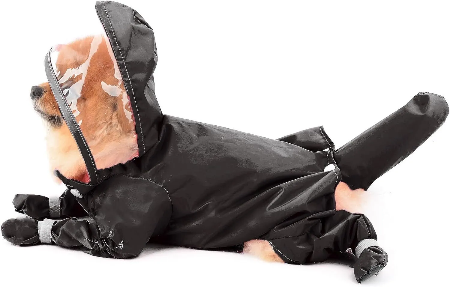 SMALLLEE_LUCKY_STORE Cute Raincoat for Small Dogs with Hood and Boots Detachable Tail Puppy Botton Down Rain Jacket Full Boby 4 Leg Jumpsuit Waterproof Lightweight Clothes,Black,M