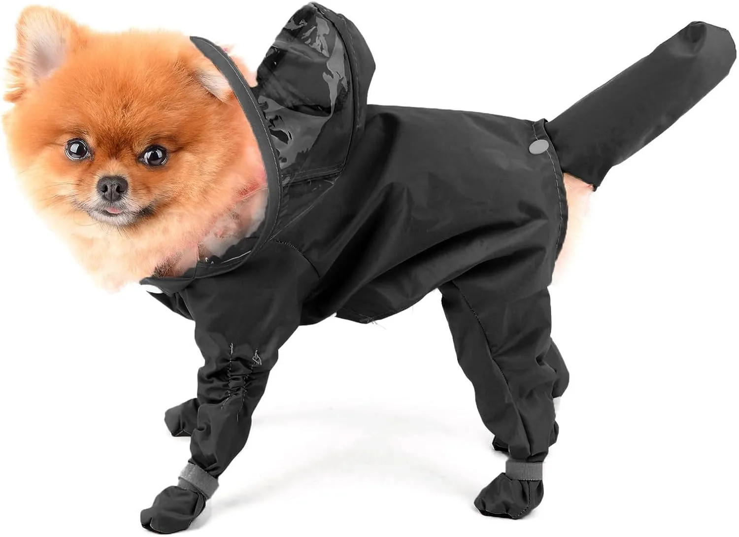 SMALLLEE_LUCKY_STORE Cute Raincoat for Small Dogs with Hood and Boots Detachable Tail Puppy Botton Down Rain Jacket Full Boby 4 Leg Jumpsuit Waterproof Lightweight Clothes,Black,M