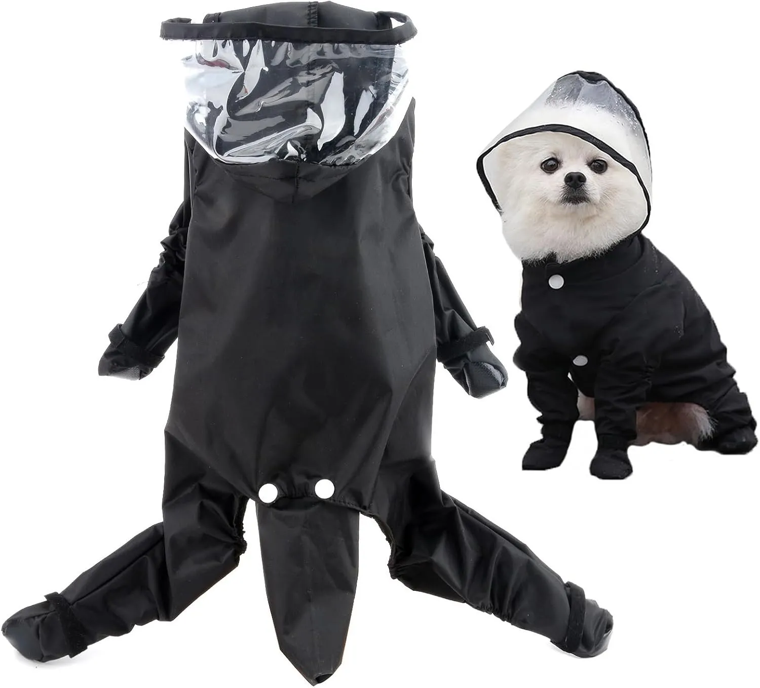 SMALLLEE_LUCKY_STORE Cute Raincoat for Small Dogs with Hood and Boots Detachable Tail Puppy Botton Down Rain Jacket Full Boby 4 Leg Jumpsuit Waterproof Lightweight Clothes,Black,M