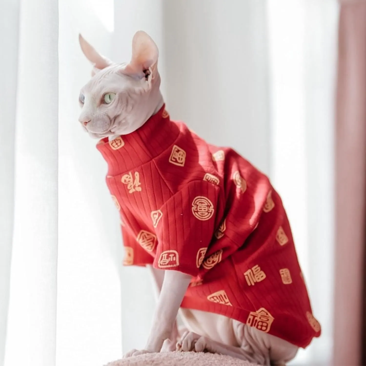 Traditional Culture Sphynx Hairless Cat Cotton T-Shirts Cat Clothes Pet Sweater Cat Vest Pet Clothes Kitten Shirts Cats & Small Dogs Apparel (Fu Means Lucky and Happy, L (7.5-8.8 lbs))