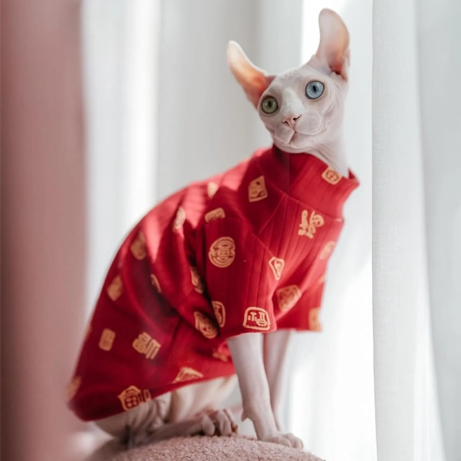 Traditional Culture Sphynx Hairless Cat Cotton T-Shirts Cat Clothes Pet Sweater Cat Vest Pet Clothes Kitten Shirts Cats & Small Dogs Apparel (Fu Means Lucky and Happy, L (7.5-8.8 lbs))