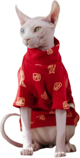 Traditional Culture Sphynx Hairless Cat Cotton T-Shirts Cat Clothes Pet Sweater Cat Vest Pet Clothes Kitten Shirts Cats & Small Dogs Apparel (Fu Means Lucky and Happy, L (7.5-8.8 lbs))