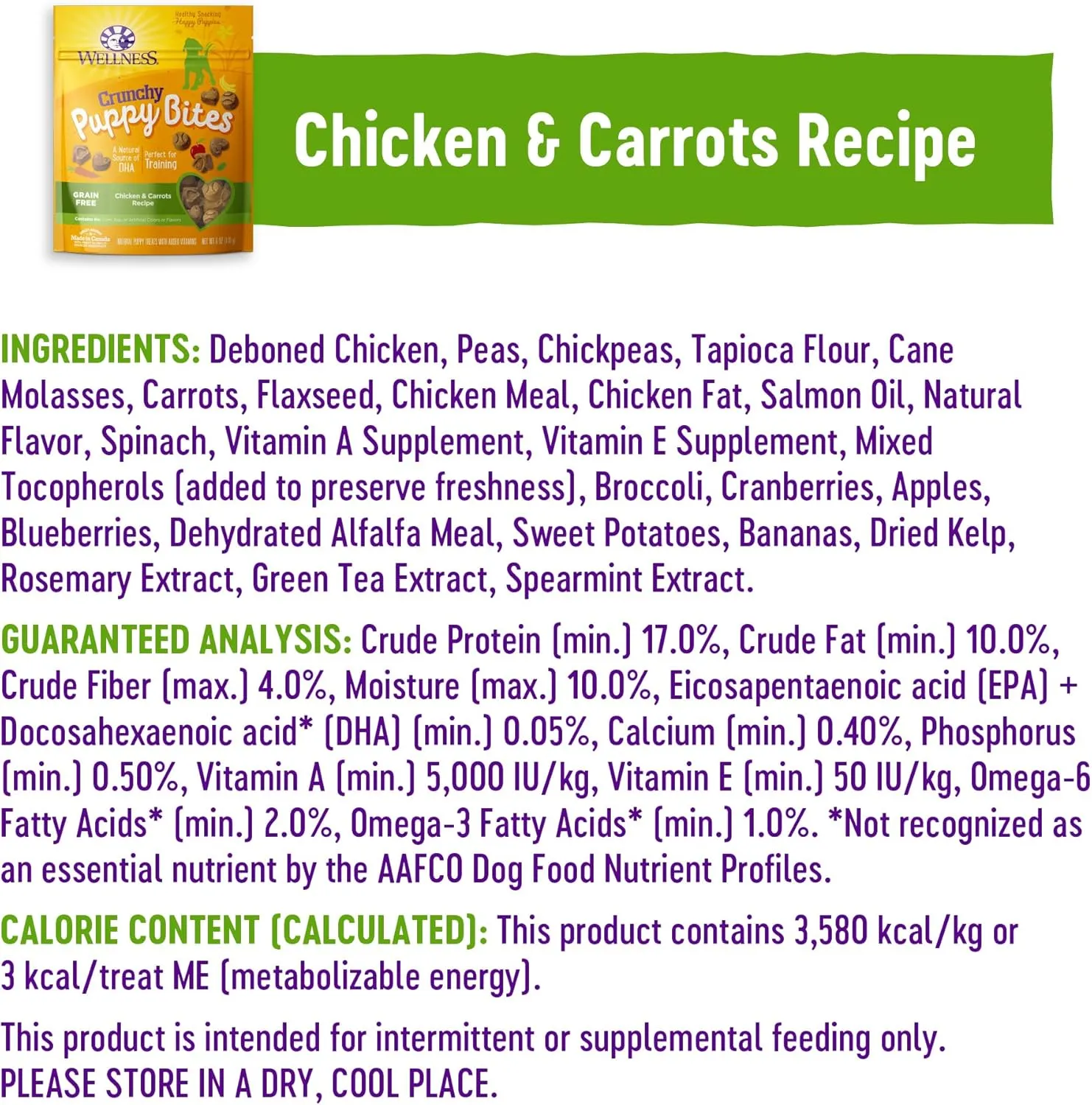 Wellness Puppy Treats, Natural, Training Treat, Grain Free, Crunchy Chicken & Carrot (6 Ounce bag)