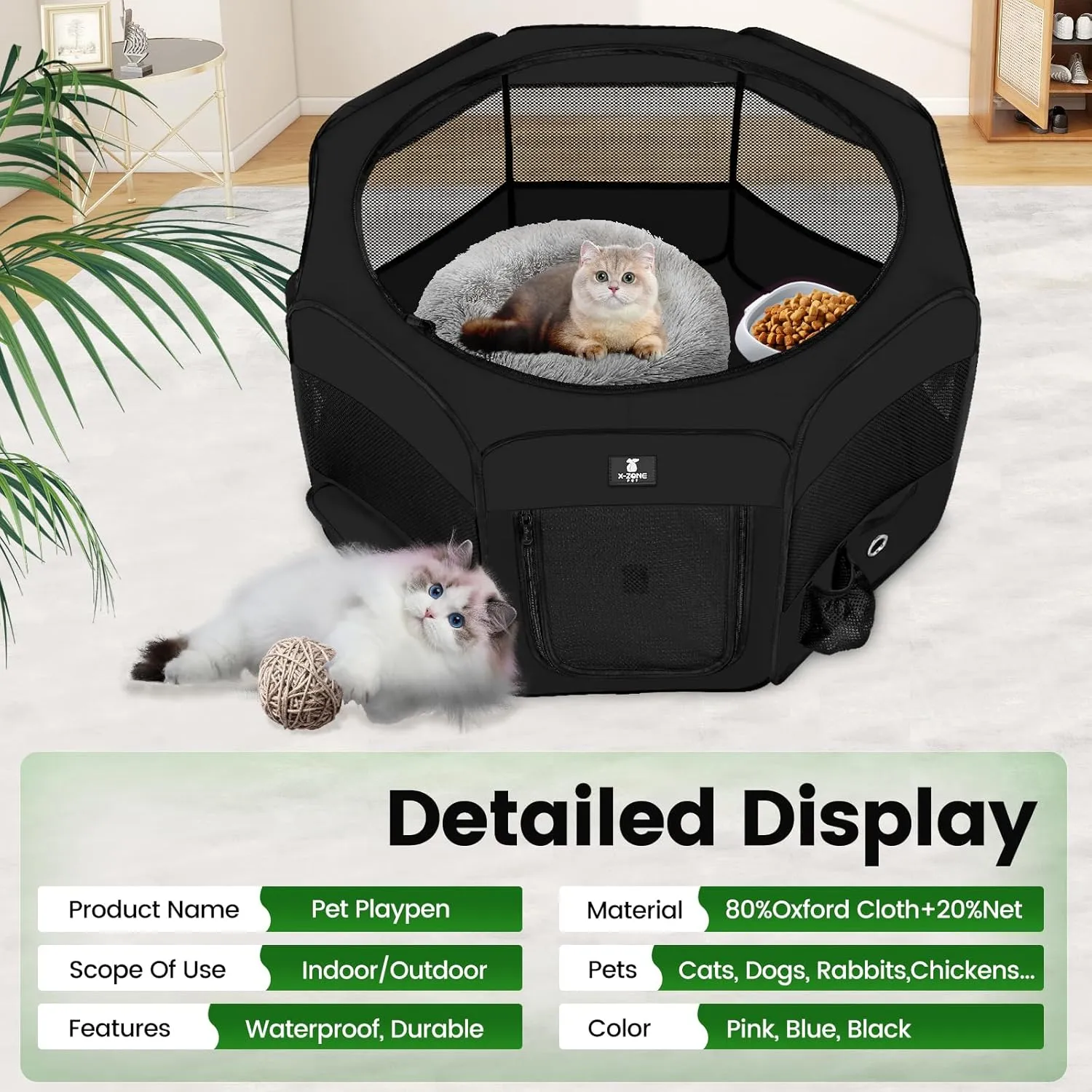 X-ZONE PET Dog Playpen Portable Pet Play Pens for Puppies, Cat, Rabbit, Chicks, Foldable Exercise Play Tent Kennel Crate, Indoor/Outdoor Travel Camping Black Small