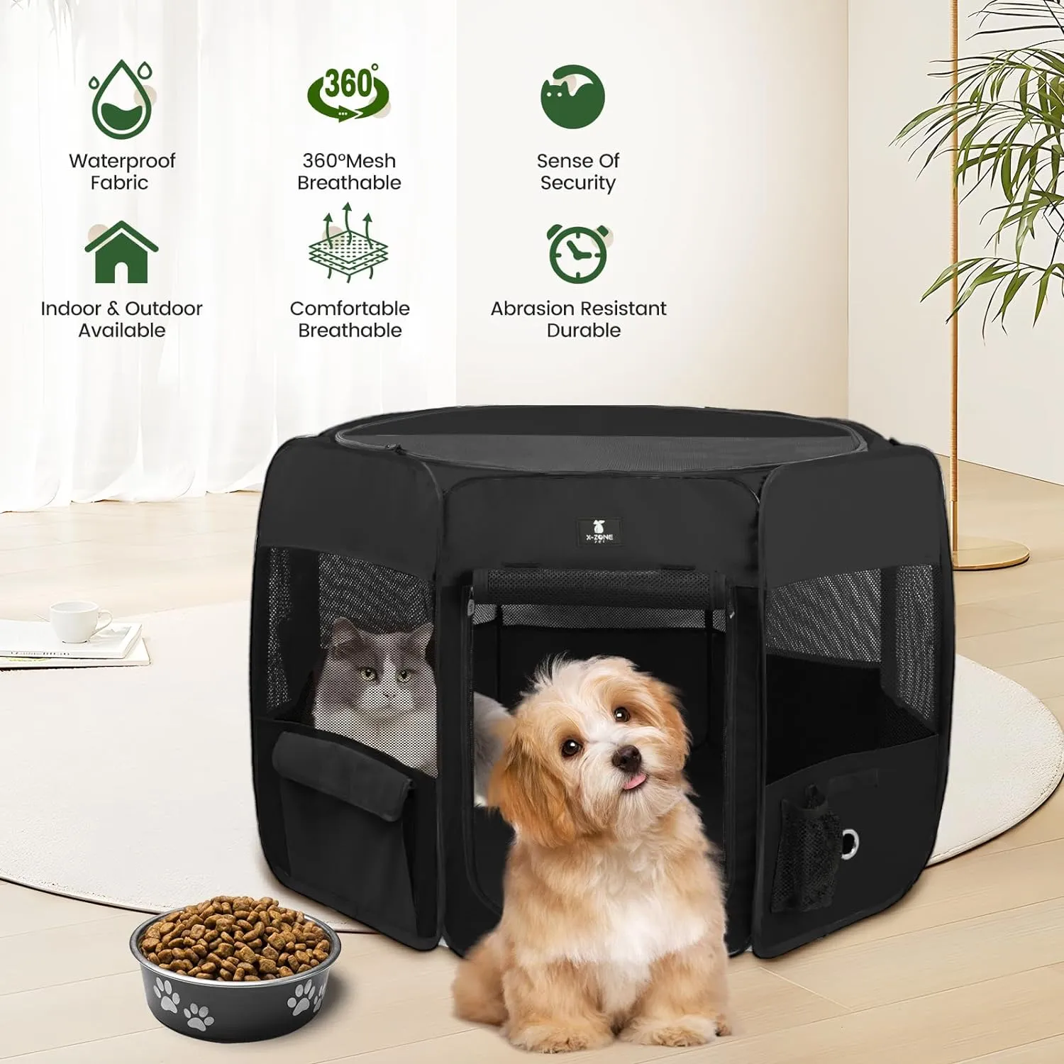 X-ZONE PET Dog Playpen Portable Pet Play Pens for Puppies, Cat, Rabbit, Chicks, Foldable Exercise Play Tent Kennel Crate, Indoor/Outdoor Travel Camping Black Small