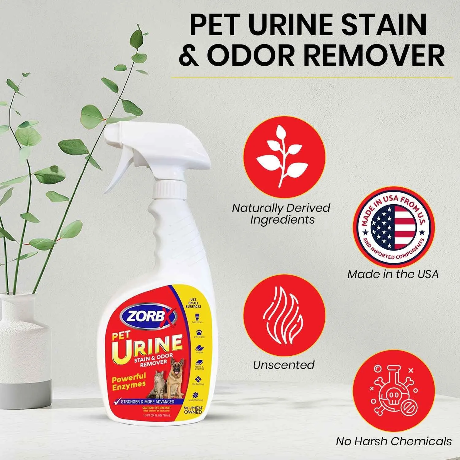 ZORBX Pet Urine Stain and Odor Remover Spray 24 FL Oz - Dog, Cat Urine Enzyme Odor Destroyer - Perfect Solution for Unpleasant Urine Odor and Stain Remover - Hardwood Floors & Carpet Cleaner